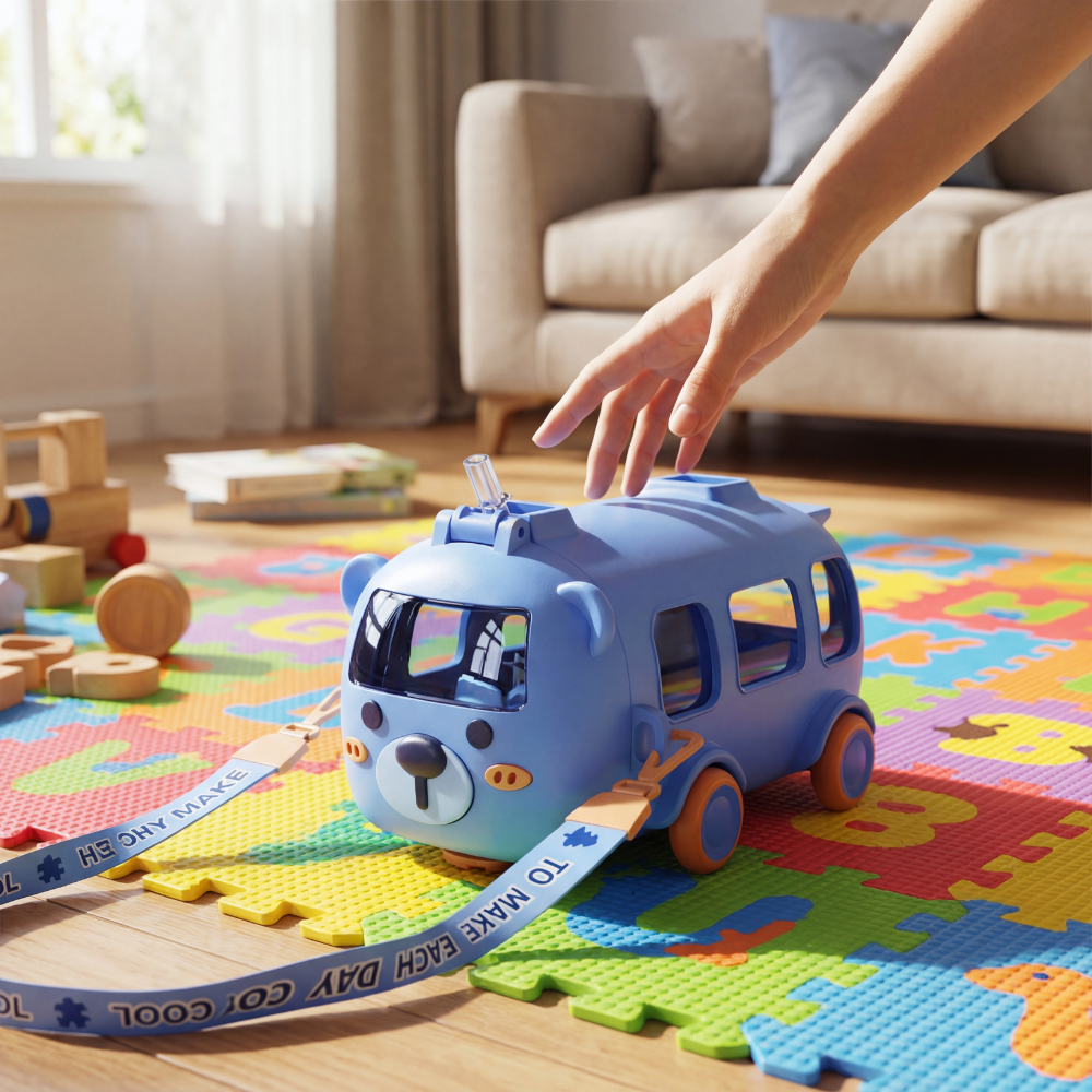 Toddler Straw Cup – 500ml Bear Themed Drinking Bottle with Wheels & Strap