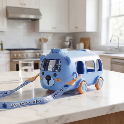 Toddler Straw Cup – 500ml Bear Themed Drinking Bottle with Wheels & Strap