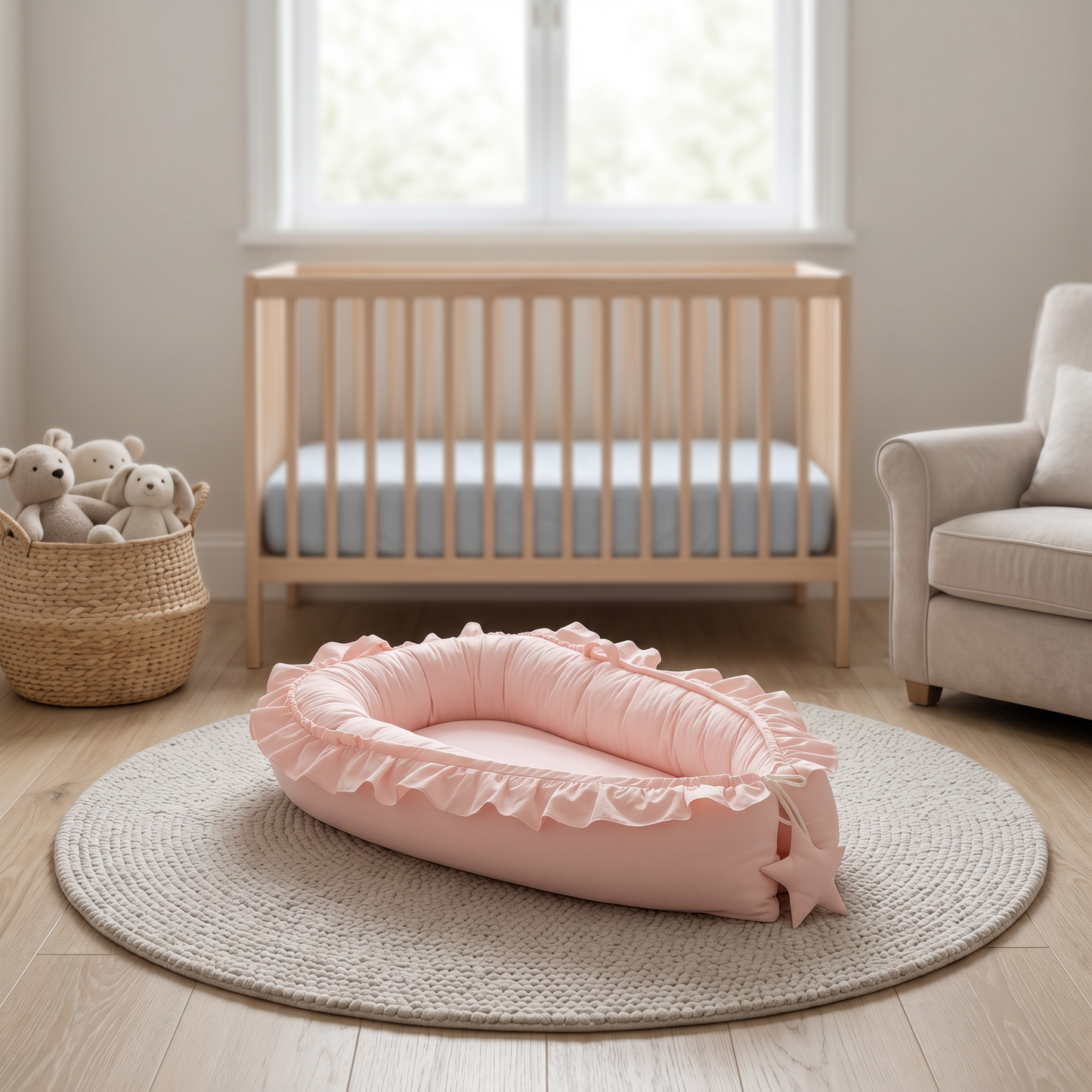 Snug baby nest lounger, pink, in nursery