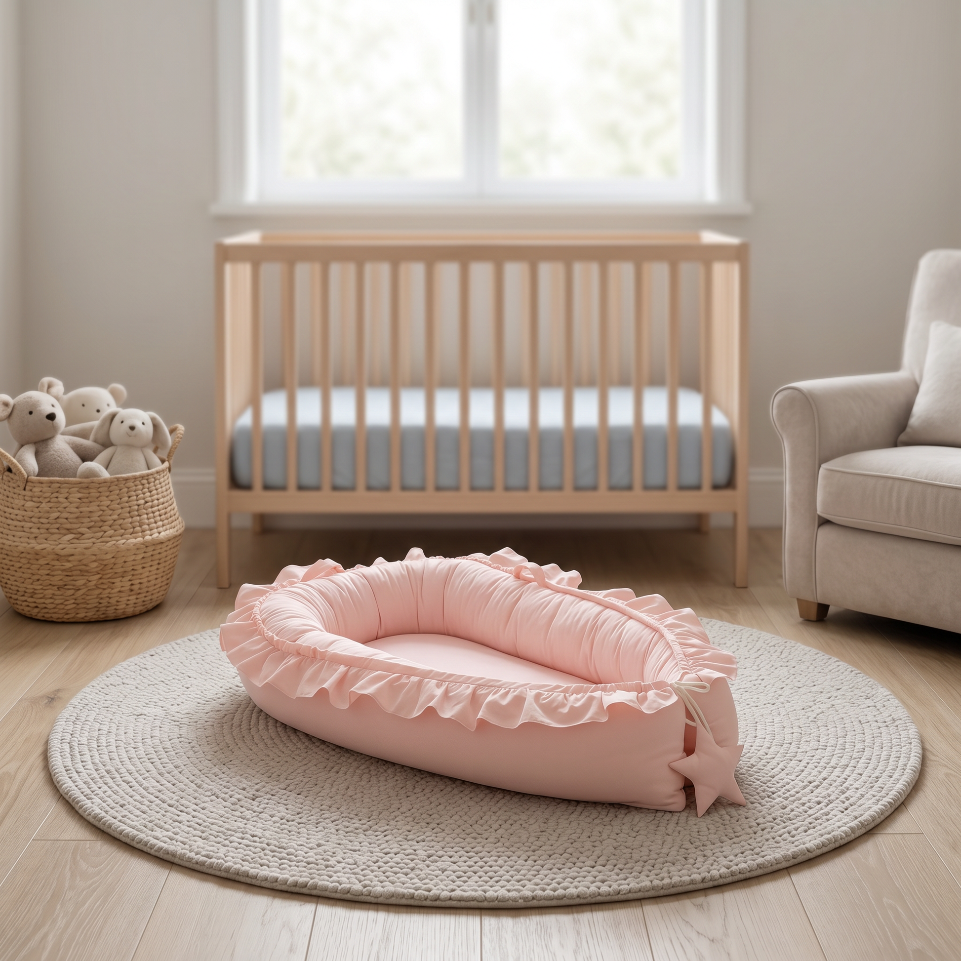 Snug baby nest lounger, pink, in nursery