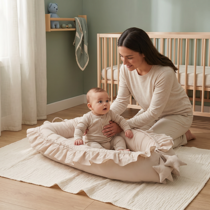 Snug baby nest lounger with parent and awake baby