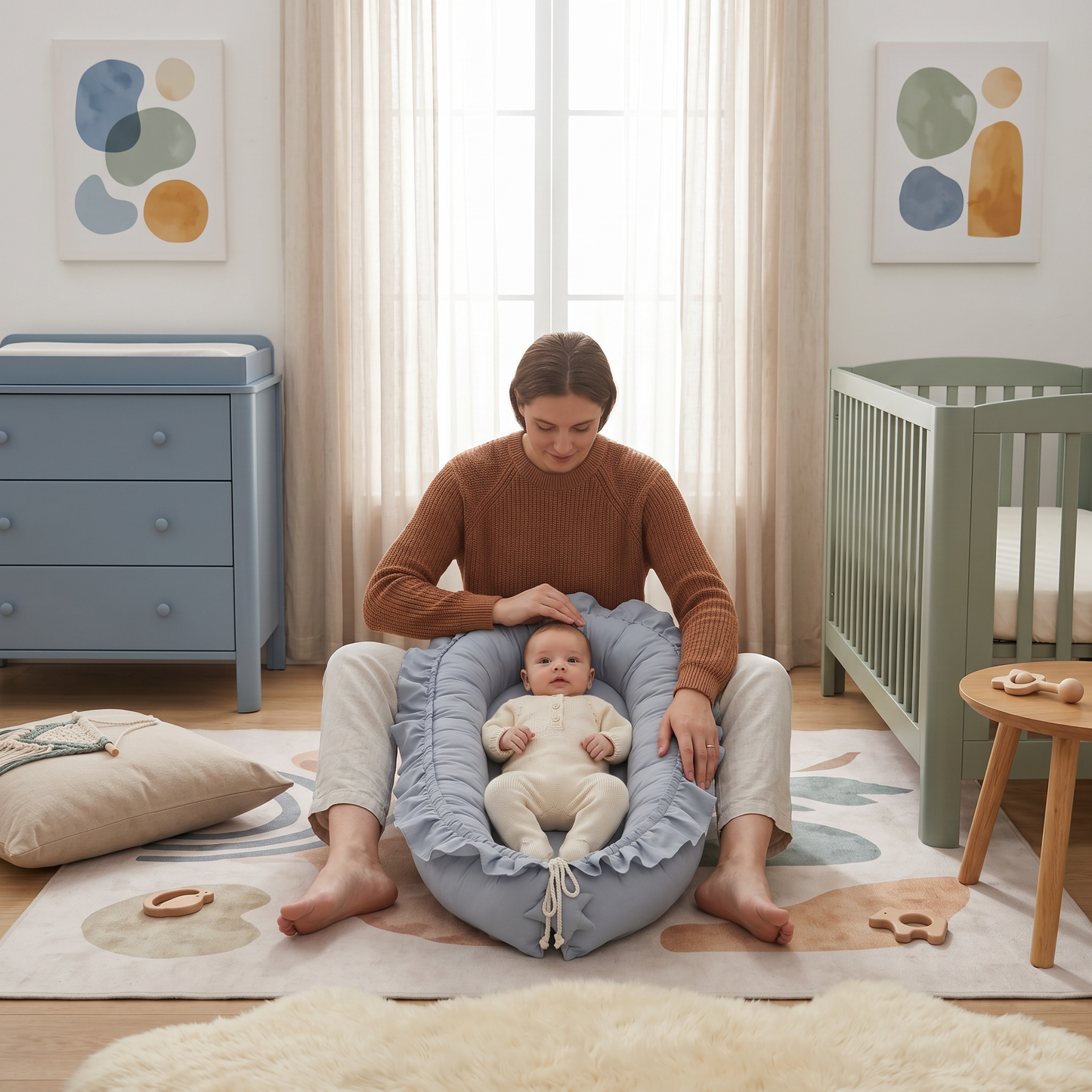 Snug baby nest lounger, blue, nursery lifestyle