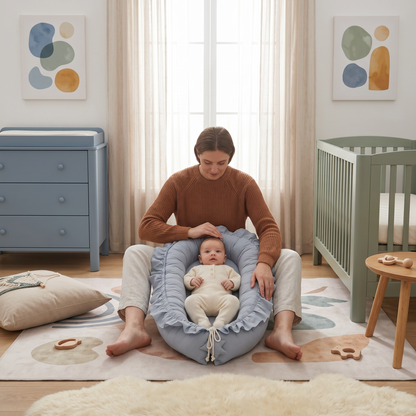 Snug baby nest lounger, blue, nursery lifestyle