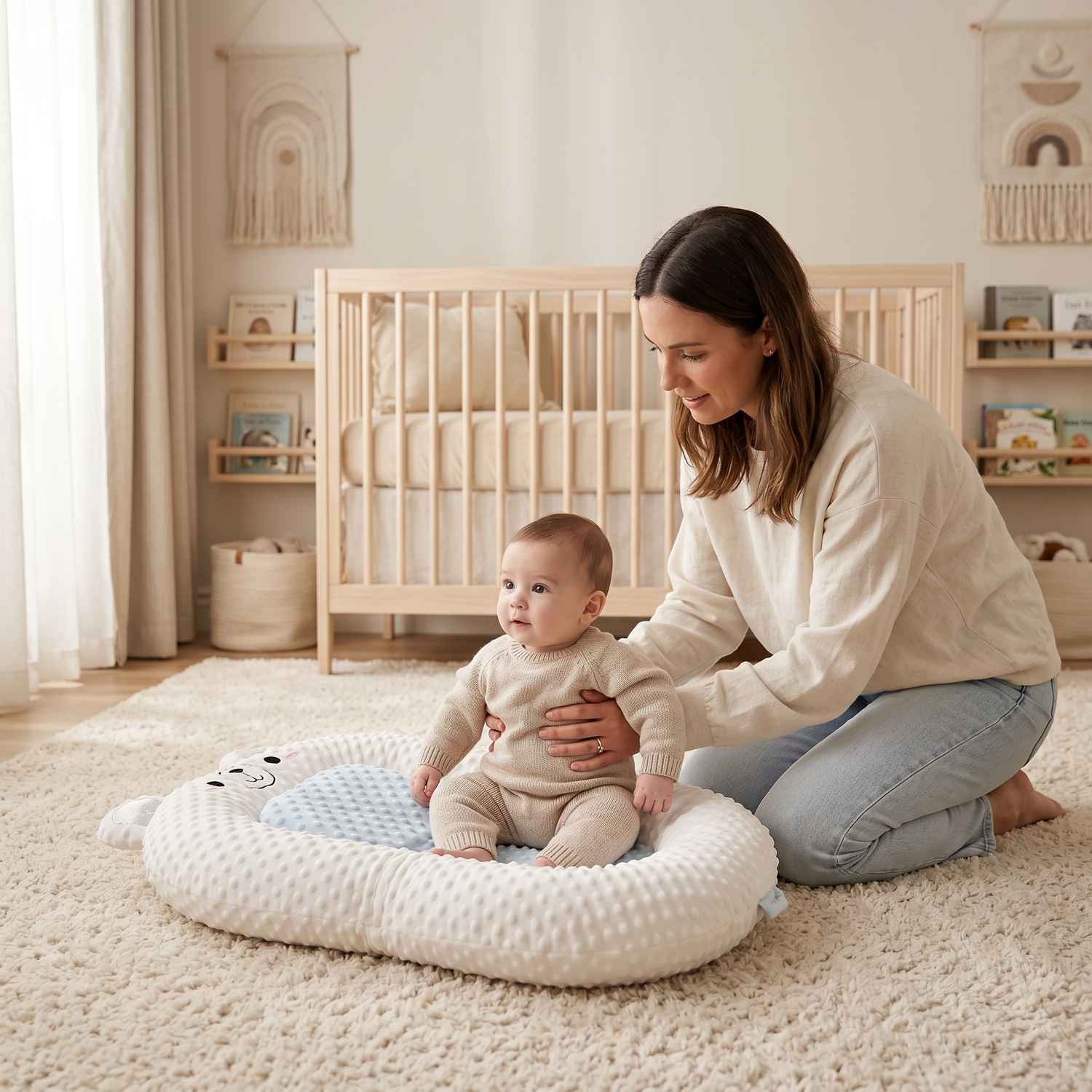 Hush baby lounger with parent and awake baby