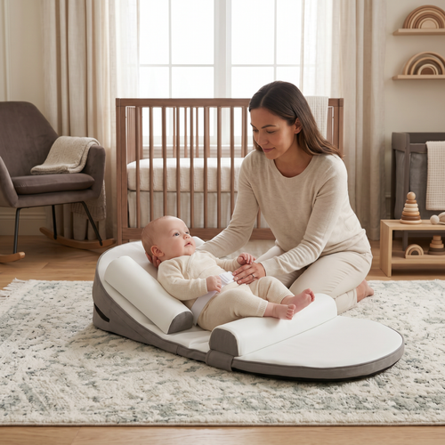 Nestle baby lounger with parent and awake baby