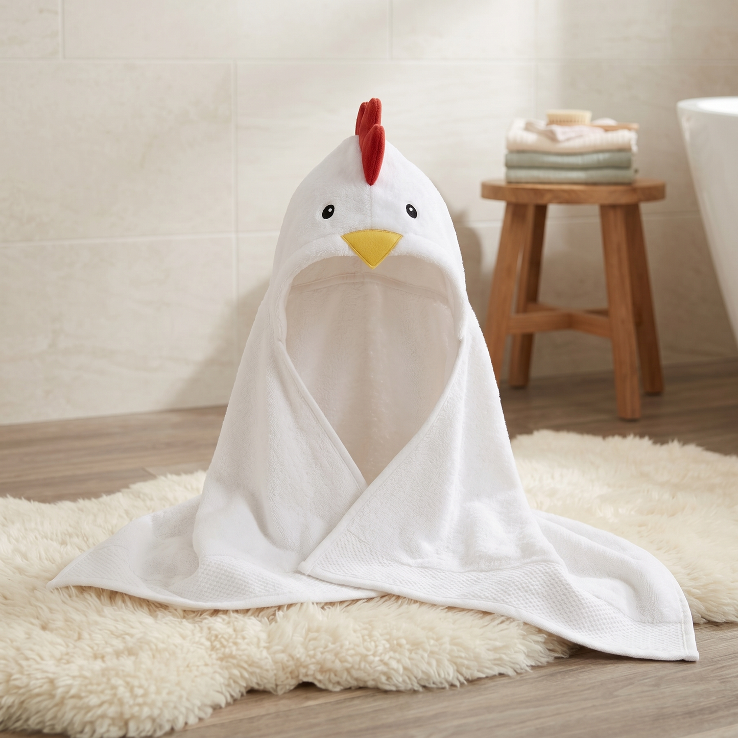 Plush animal hooded towel, chicken design, in bathroom