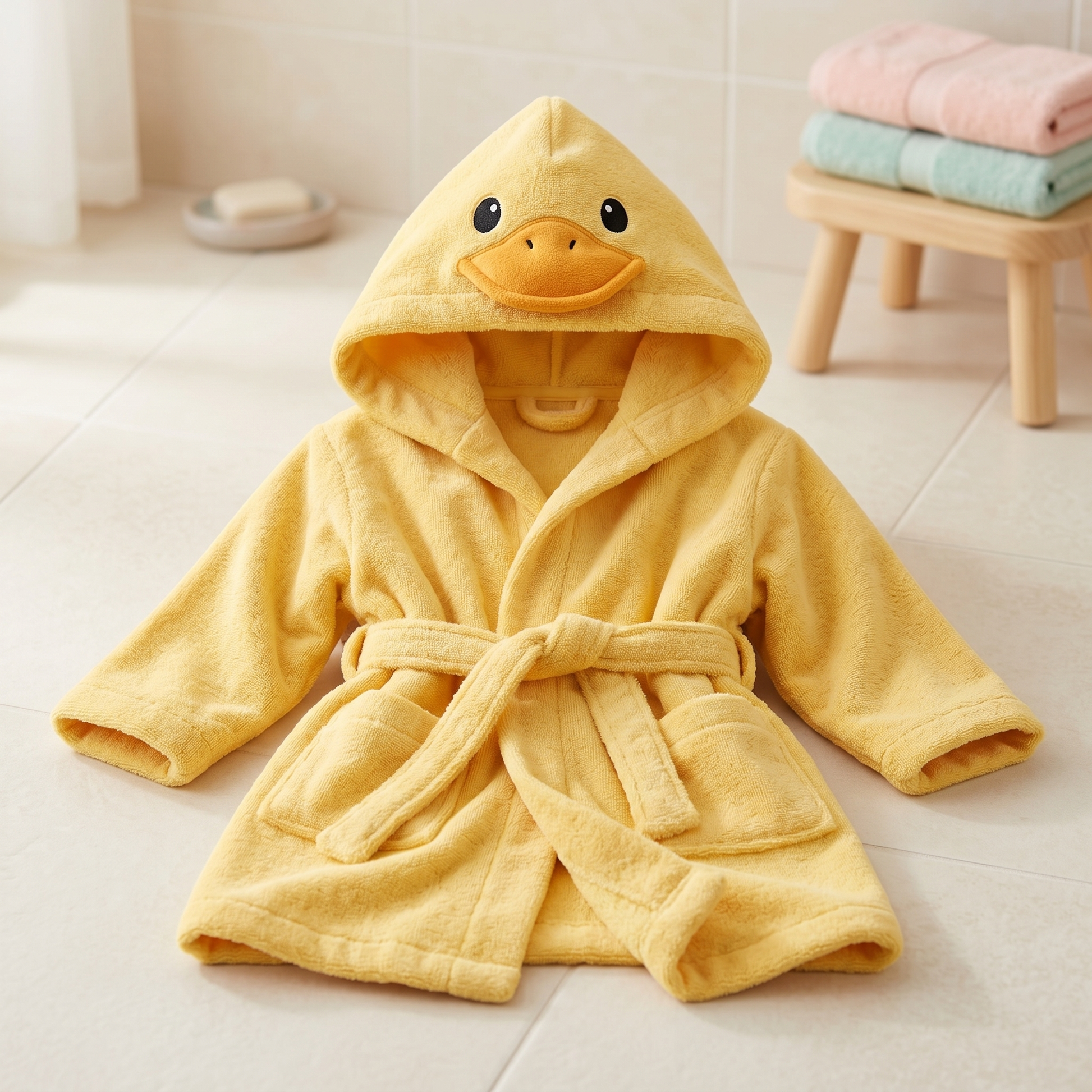 Plush animal hooded towel, duck design, in bathroom