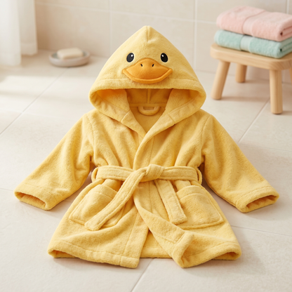 Plush animal hooded towel, duck design, in bathroom