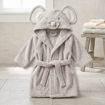 Plush animal hooded towel, mouse design, in bathroom