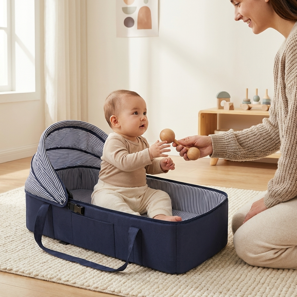 Cocoon Foldable Baby Lounger – baby with parent kneeling