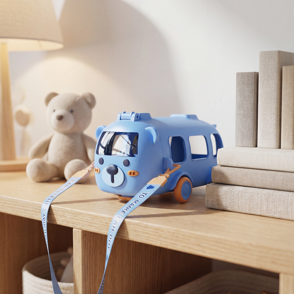 Toddler Straw Cup – 500ml Bear Themed Drinking Bottle with Wheels & Strap